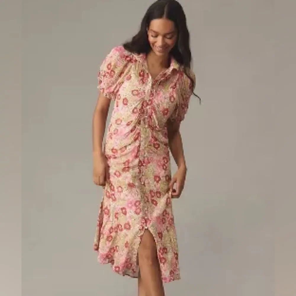 By Anthropologie Puff-Sleeve Ruched Mesh Midi Shirt Dress NWT